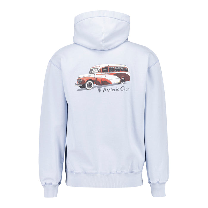 Sudadera con capucha azul claro vista de espaldas con ilustración de un autobús vintage en la espalda.