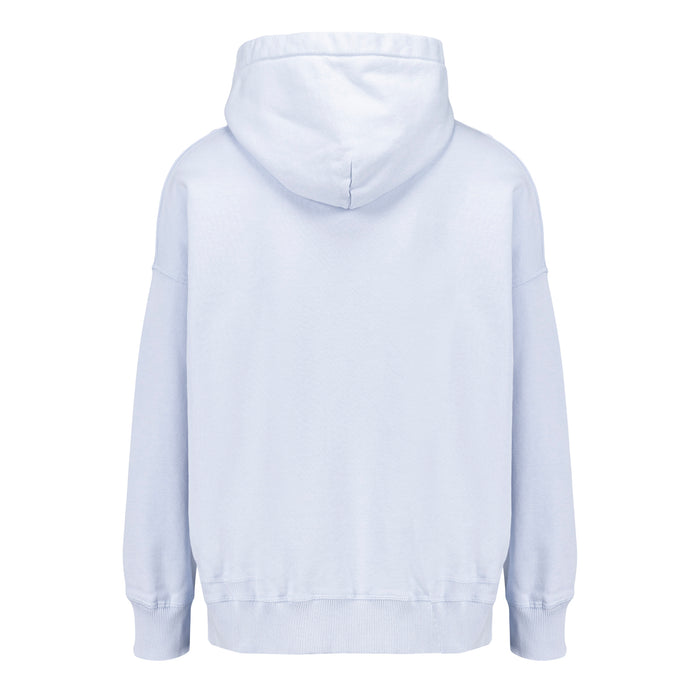 Parte posterior de sudadera con capucha celeste de corte oversize para mujer