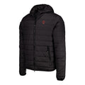 Black padded hooded jacket with horizontal quilting and a red crest on the left chest