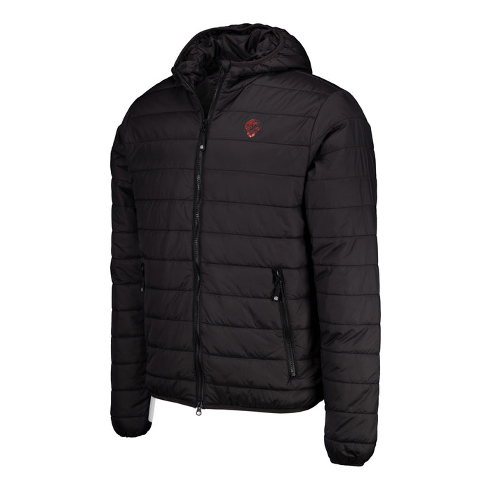 Black padded hooded jacket with horizontal quilting and a red crest on the left chest