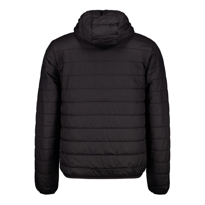 Back view of black quilted hooded puffer jacket with horizontal stitching