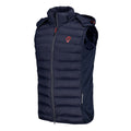 Navy blue quilted puffer sleeveless vest with front zipper and small red logo on the chest