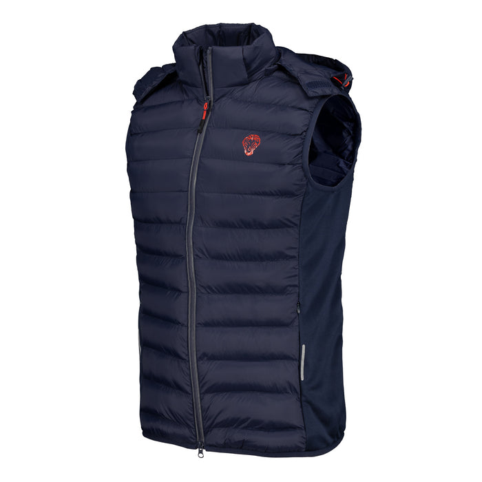 Navy blue quilted puffer sleeveless vest with front zipper and small red logo on the chest
