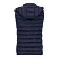 Back view of navy padded vest with attached hood and horizontal quilting