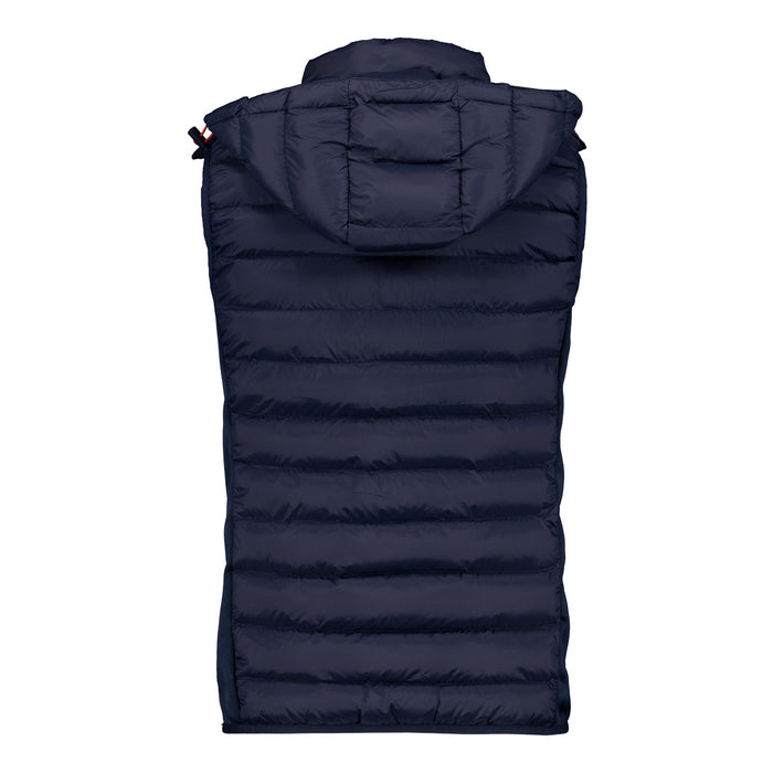 Back view of navy padded vest with attached hood and horizontal quilting