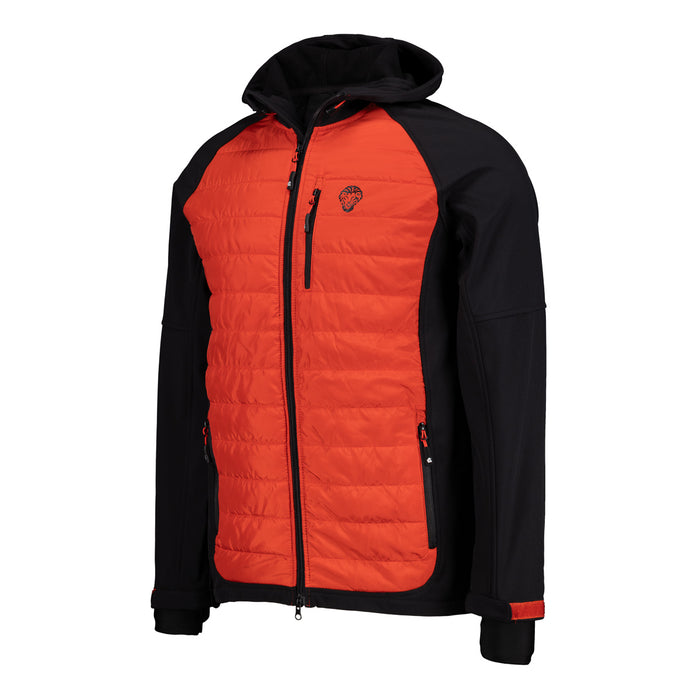 Chaqueta híbrida negra con panel delantero rojo acolchado y capucha
