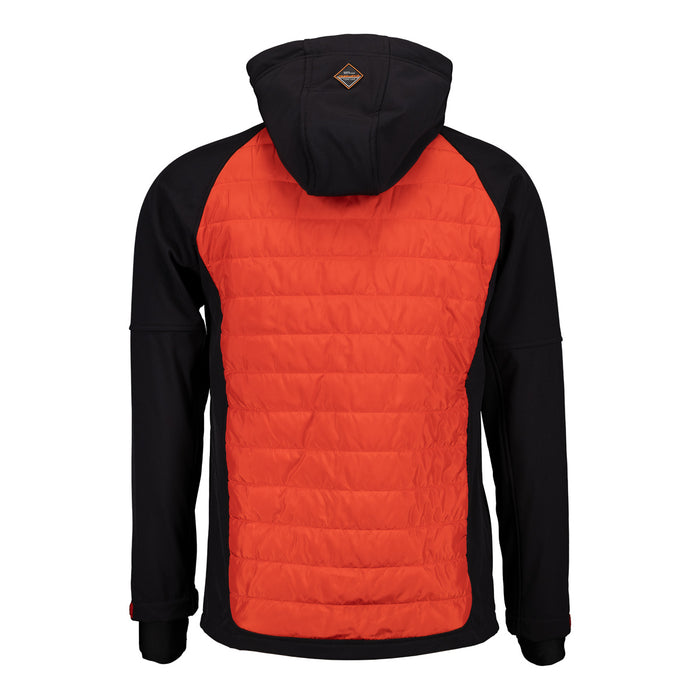 Chaqueta híbrida negra con panel frontal rojo acolchado vista de espaldas