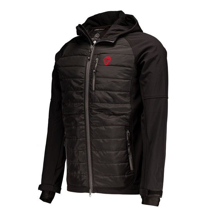 Chaqueta híbrida negra con paneles acolchados y capucha logotipo rojo en el pecho