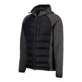 Black padded jacket with grey speckled sleeves and hood, chest zip pocket and side pockets
