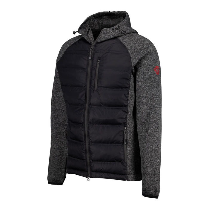 Black padded jacket with grey speckled sleeves and hood, chest zip pocket and side pockets