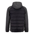 Back view of a two tone hooded jacket with black quilted body and grey speckled sleeves