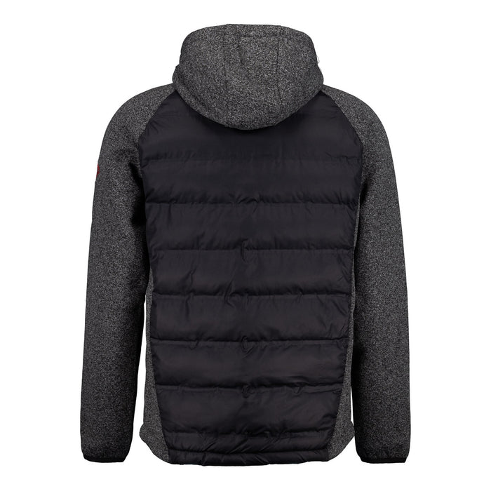Back view of a two tone hooded jacket with black quilted body and grey speckled sleeves