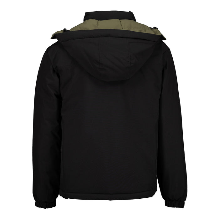 Chaqueta negra acolchada con capucha verde oliva vista trasera