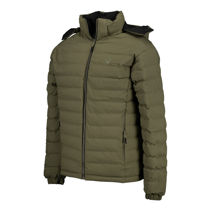 Chaqueta acolchada verde oliva con cremallera frontal y capucha integrada