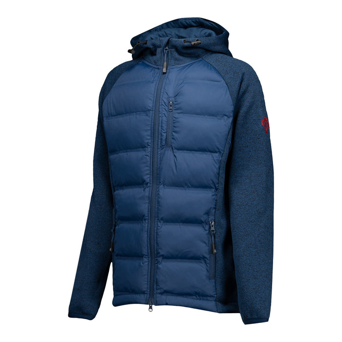 Front view of blue hooded puffer jacket with knit sleeves and zip pockets