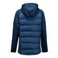 Back view of blue two tone jacket with knit sleeves and hood