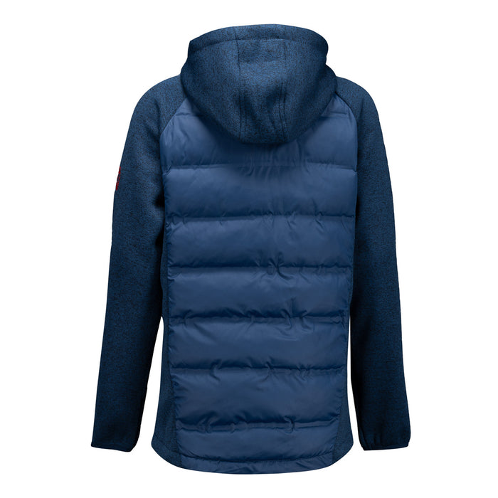 Back view of blue two tone jacket with knit sleeves and hood