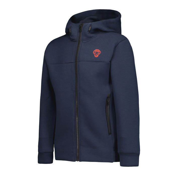 Navy blue junior Shad AZM hooded jacket with an orange crest on the chest and zip pockets