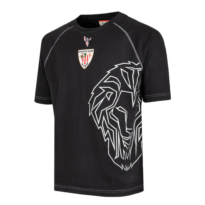 Black short sleeve tee with a bold white geometric lion design across the front and a small crest on the chest