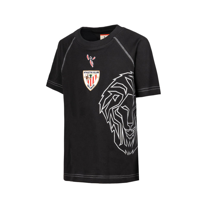 Black junior retro t shirt with large white lion graphic and Athletic Club Bilbao crest