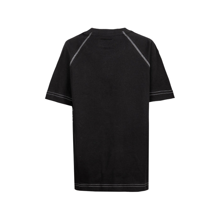 Black retro junior raglan T-shirt with white contrast stitching along shoulder seams and hem