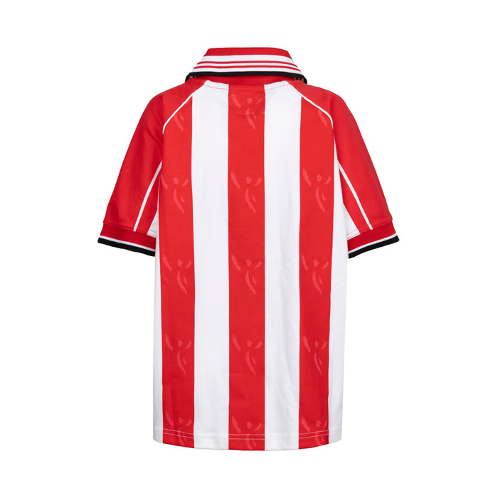 Back view of red and white striped junior soccer jersey with black collar and cuffs