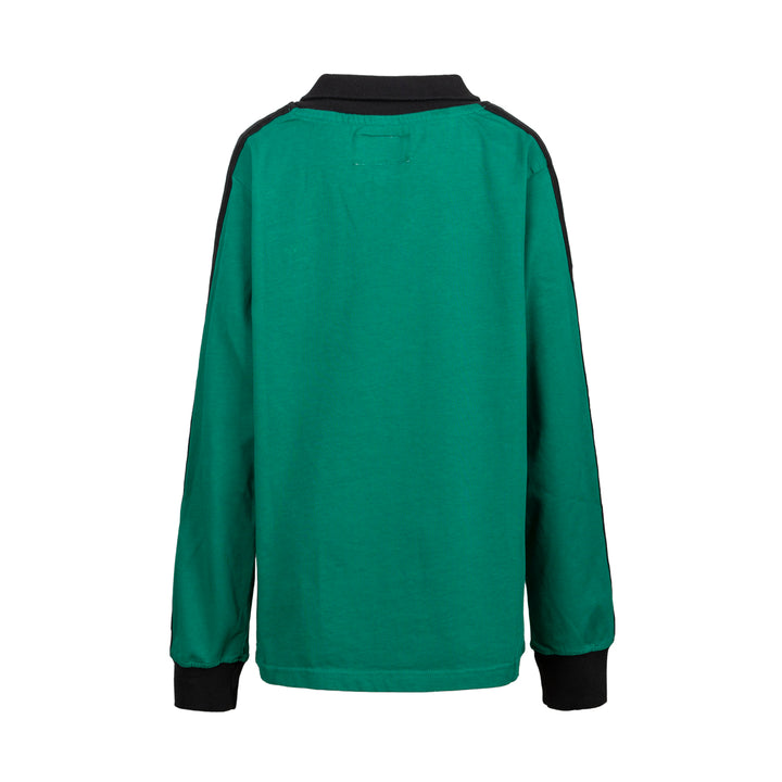 Back view of green junior retro goalkeeper jersey with black collar and sleeve trim