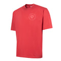 Red short sleeve T shirt with a pale circular logo on the left chest.