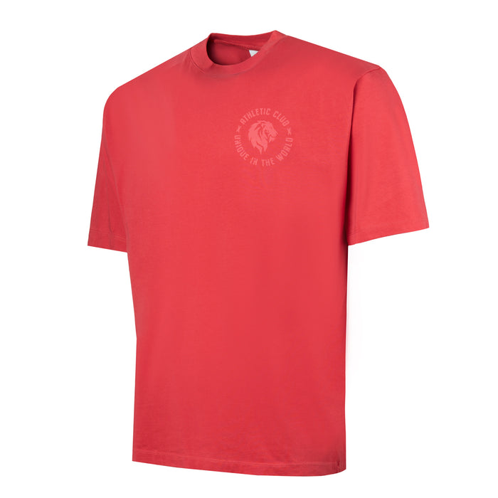 Red short sleeve T shirt with a pale circular logo on the left chest.