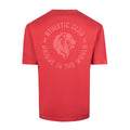 Back view of red T shirt with a large faded circular graphic featuring a lion crest.
