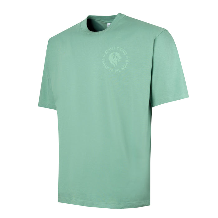 Mint green short sleeve T shirt with a subtle circular crest on the left chest
