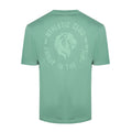 Mint green back view T shirt with distressed circular logo featuring a lion and the words Athletic Club Unique in the World