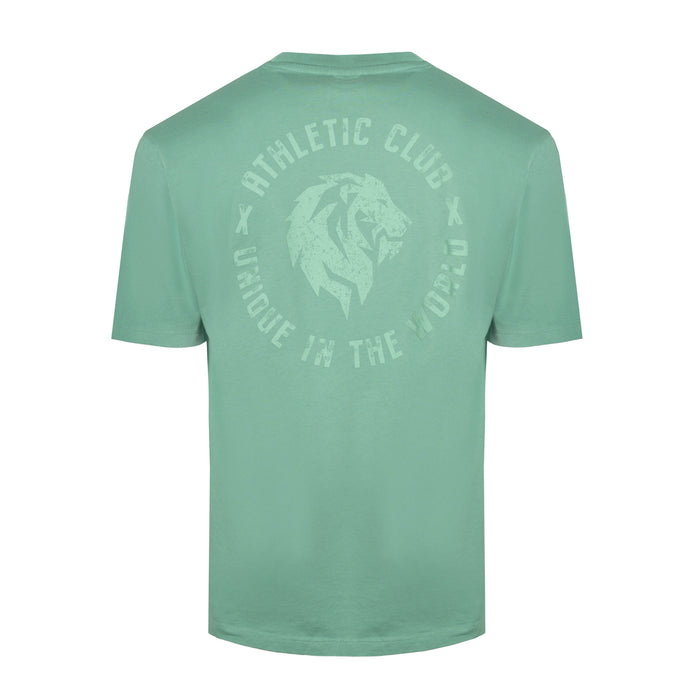 Mint green back view T shirt with distressed circular logo featuring a lion and the words Athletic Club Unique in the World