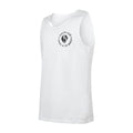 White sleeveless tank top with a small circular black logo on the left chest reading Unique in the World