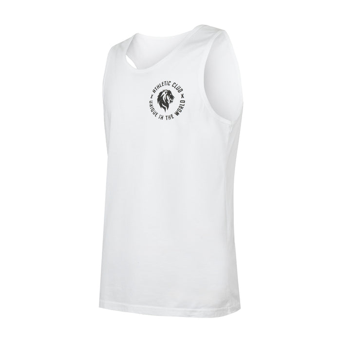 White sleeveless tank top with a small circular black logo on the left chest reading Unique in the World