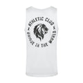 White sleeveless tee with a distressed circular black graphic featuring a lion in the center