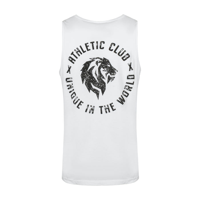 White sleeveless tee with a distressed circular black graphic featuring a lion in the center