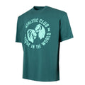 Teal crew neck tee with large distressed circular twins logo on the chest
