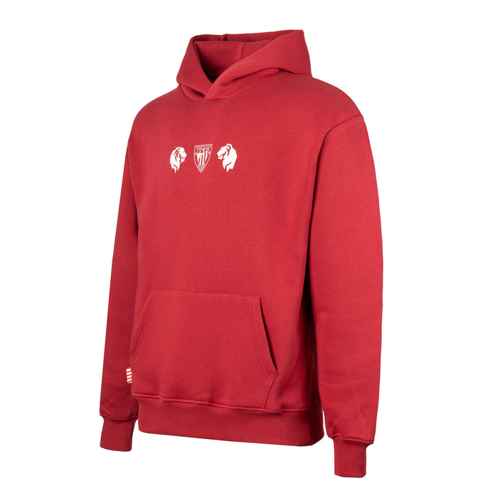 Red hooded sweatshirt with a front pocket and three chest logos a lion, a shield, and a second lion.