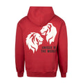 Red hooded sweatshirt with white twin lion graphic on the back and the Unique in the World slogan