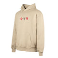 Beige hooded sweatshirt with a small front graphic of red lions and a crest