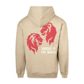 Back view of beige hoodie featuring a large pink lion graphic and the Unique in the World slogan