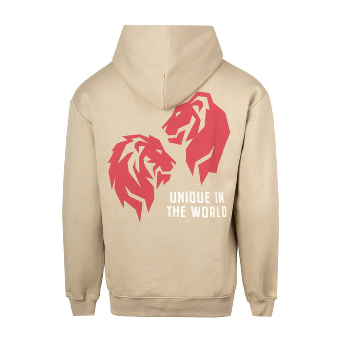 Back view of beige hoodie featuring a large pink lion graphic and the Unique in the World slogan