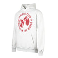 Front view of light grey heather hoodie with bold red circular logo on the chest