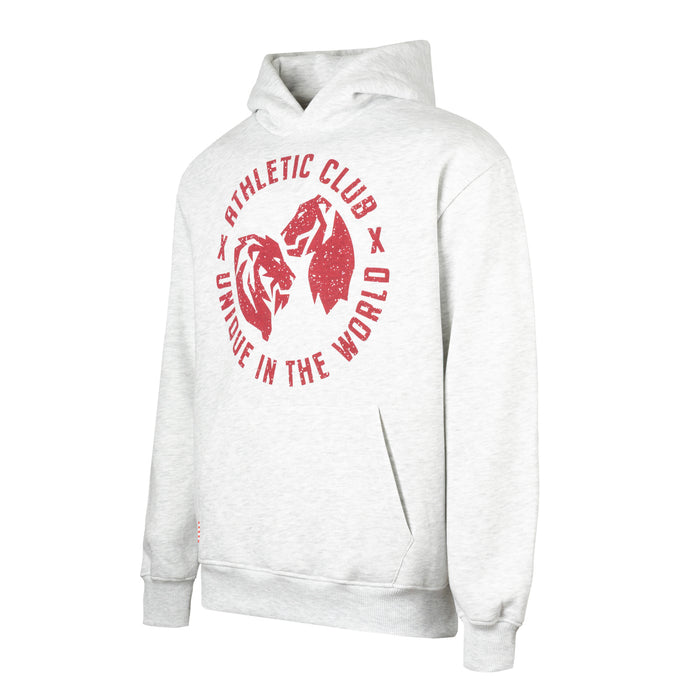 Front view of light grey heather hoodie with bold red circular logo on the chest