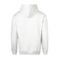 Back view of light grey hoodie with hood and ribbed hem and cuffs