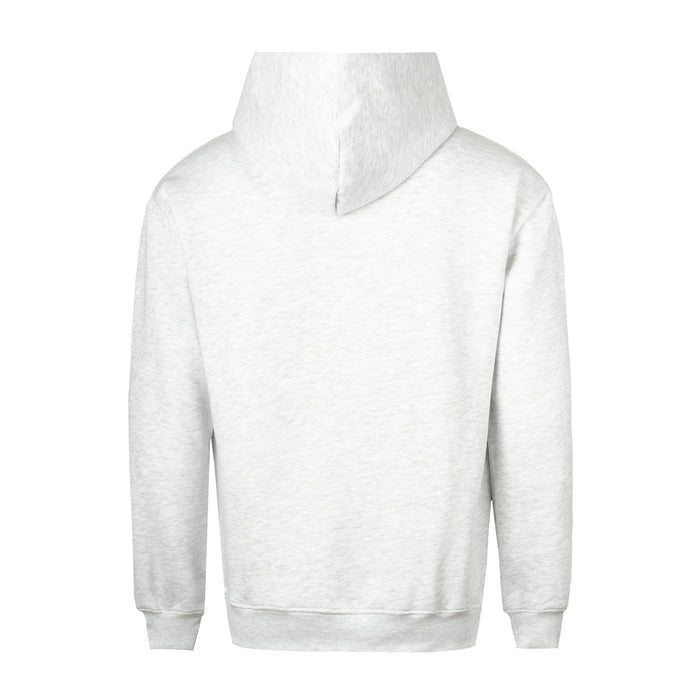 Back view of light grey hoodie with hood and ribbed hem and cuffs