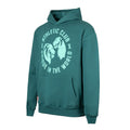 Teal green hoodie with a large mint circular logo and twins design on the chest.