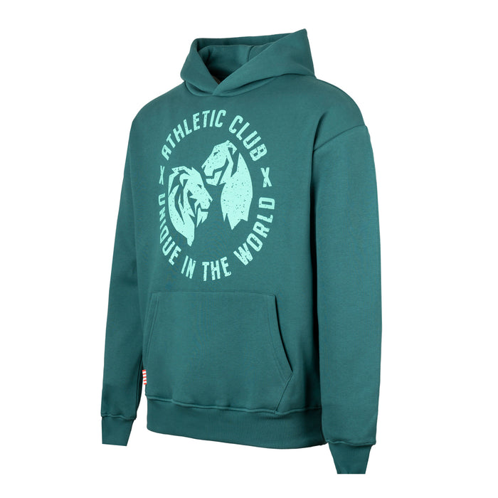Teal green hoodie with a large mint circular logo and twins design on the chest.