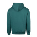 Back view of teal green hoodie with hood up and ribbed cuffs